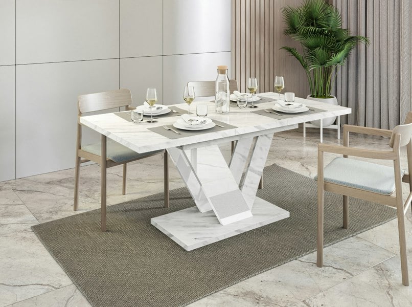 DUBAI 120–160 white bianco marble extending dining table 4-6 seater with elegant base.