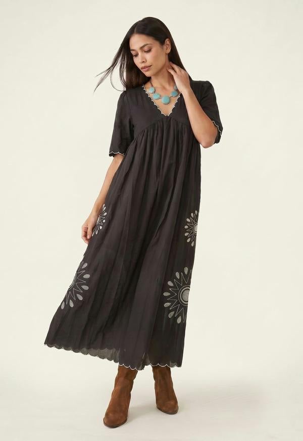 Raffya Ibiza Smock Embroidered Midi Dress In Slate Grey