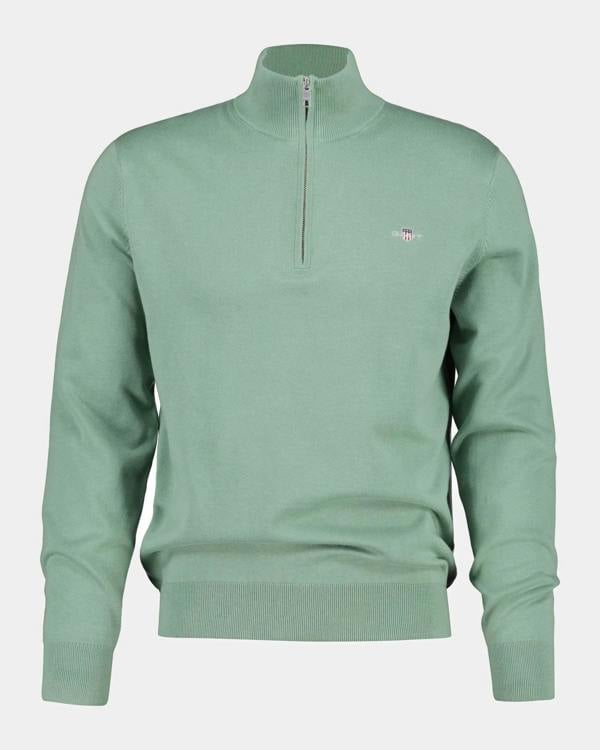 GANT Mens Classic Cotton Shield Logo Half Zip Jumper - 308 Surplus Mint | CHO | Designer Mens Quarter Zip Jumpers