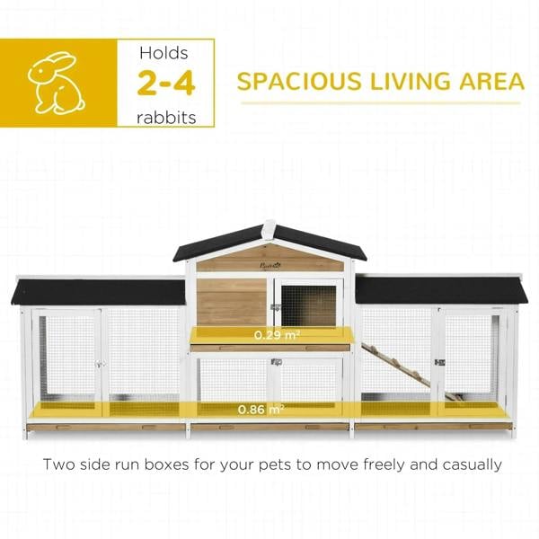 White rabbit hutch interior view with ramp and mesh side doors, black roof panels