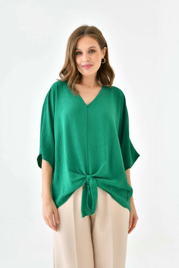 Hoxton Gal Oversized V Neck Tie Front Detailed Blouse with 3/4 Sleeves in Green
