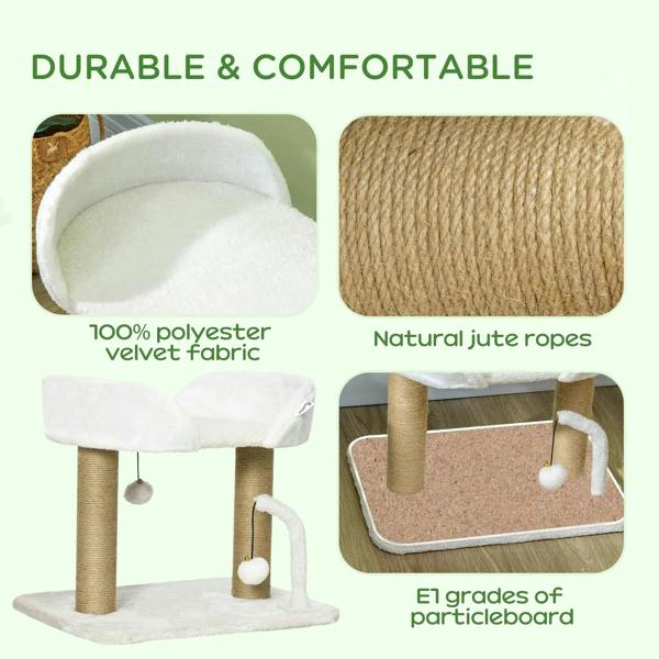 White indoor cat tree showing plush velvet fabric and natural jute rope scratching posts