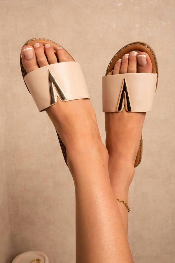 Jemma V-detail Slip-on Flat Sandals - Beige