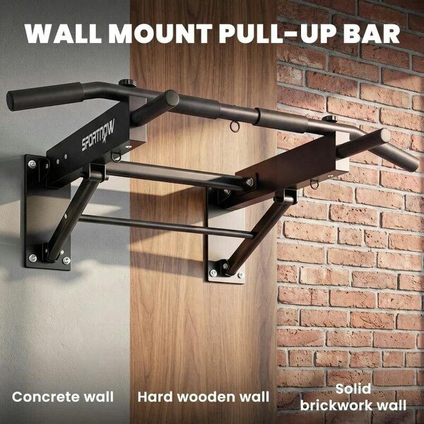 Pull Up Bar Wall Mounted Chin Up Bar with Folding Design, 3 Hooks for Resistance Bands, Supports up to 120 kg, Black