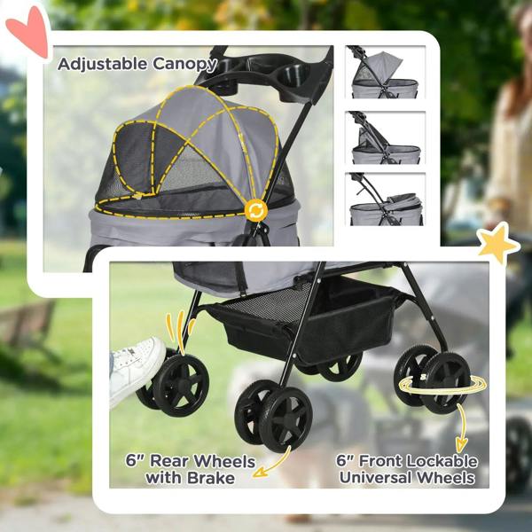 Grey dog stroller with adjustable canopy and front lockable wheels
