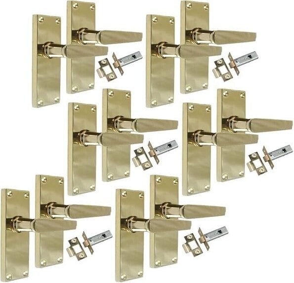 EDH Door Hardware Interior Door Handles Victorian Straight Lever Latch Brass Finish + Tubular Latch, 6 Pairs