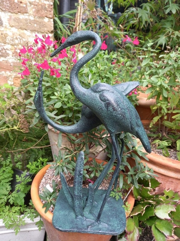 Inspirational Gifting Love Cranes Garden Sculpture Cast in Iron with Bronzed Finish