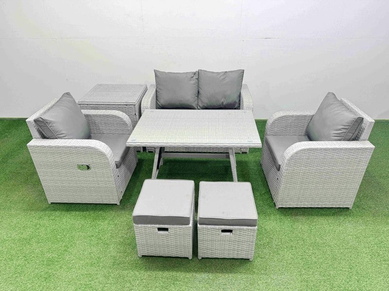 Fimous Light Grey PE Wicker Rattan Garden Furniture Set Sofa Set Reclining Chair Love Sofa Rectangular Dining Table 2 Small Stools Side Table