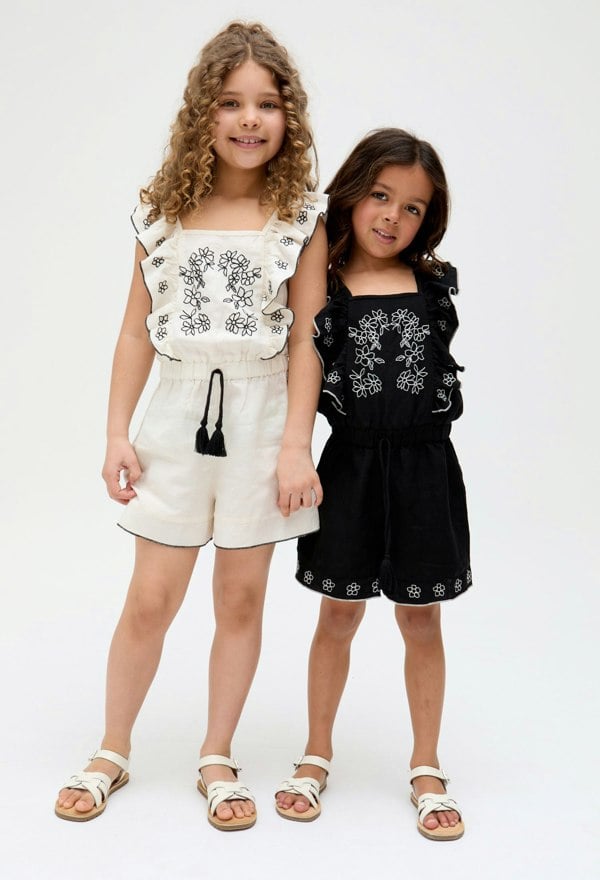 Kids Philo linen Ruffle Neck Embroidered Playsuit In white- image 4