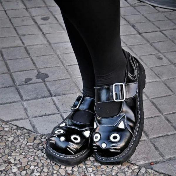 TUK Footwear TUK Womens Mary Jane Kitty Black Leather Platform Goth Shoes - T2025