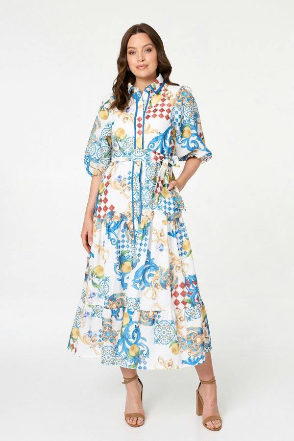 White | Printed 1/2 Puff Sleeve Shirt Midi Dress
