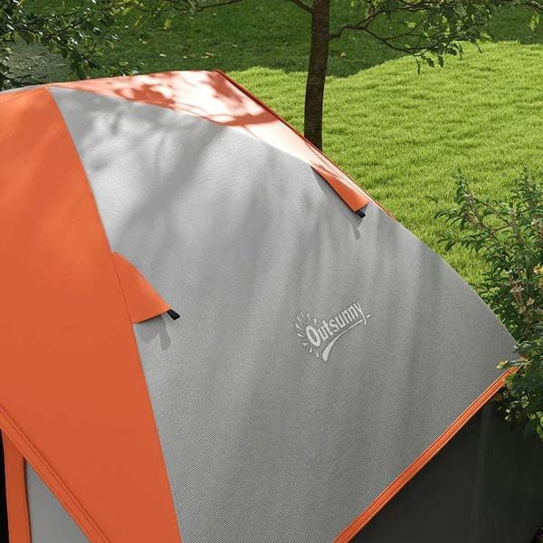 Orange-and-grey dome tent fabric panel with logo and zipper edge
