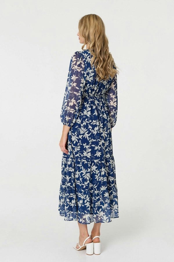 Navy | Leaf Print Sheer Layer Empire Maxi Dress
