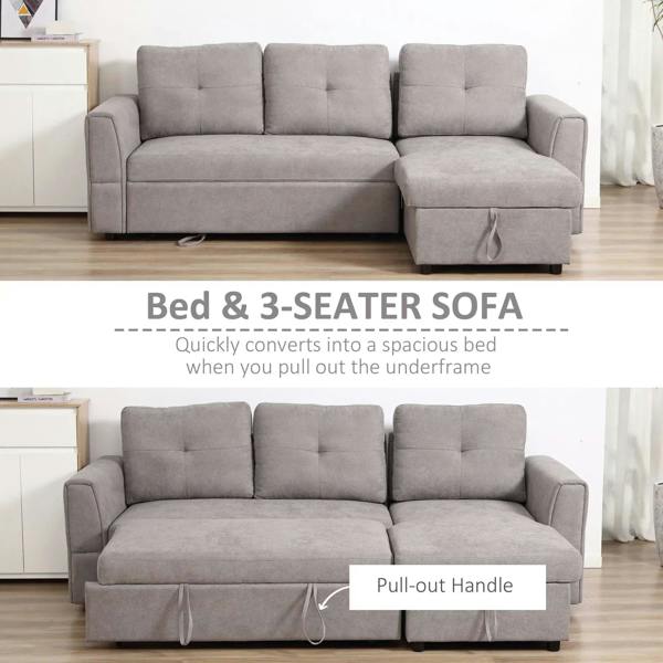 Light grey sofa bed with pull-out chaise forming a larger bed surface