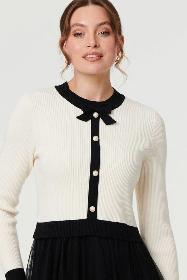 Black And White | Button Front Mesh Textured Jumper Dress
