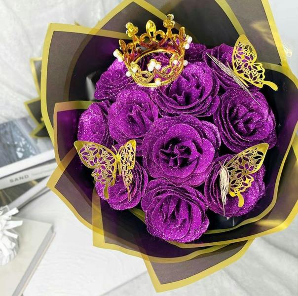 Dragodirect Artificial 12 Red Rose Flower Bouquet With Glitter Crown Butterfly Wedding Party Decoration Valentines Gift