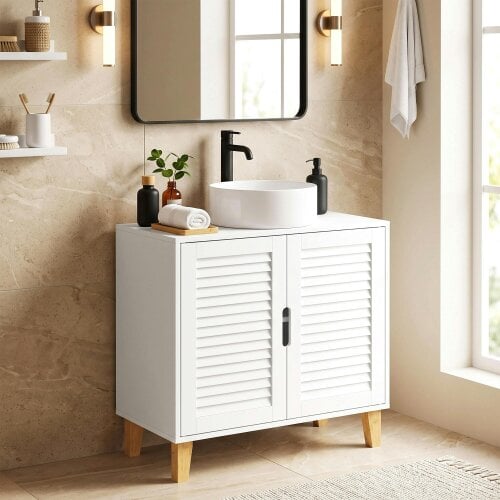 HOMCOM Under Sink Cabinet Adjustable Shelf Louvered Doors - White
