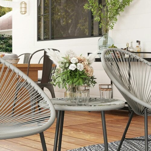 Wyld Haus Nibaco Rattan Rope Grey 3 Piece Outdoor Garden Bistro Set With Glass Top Table