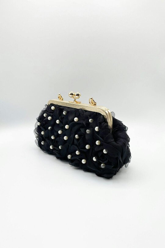 SVNX Lace Floral Clutch Bag with Pearl in Black