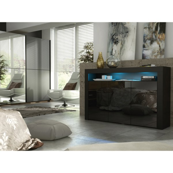 Mex Furniture 155cm Sideboard TV Stand Cupboard Cabinet – Black High Gloss Doors with Free LED