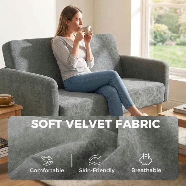 2 Seater Sofa, Velvet Small Couch with 20cm Thick Padding, Wide and Deep Seat, Grey