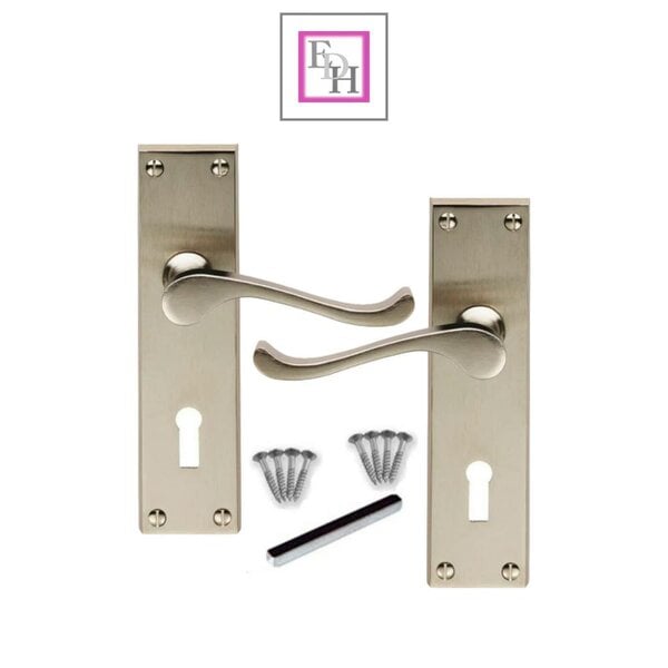 EDH Door Hardware Satin Nickel Victorian Scroll Lock Door Handles + 3 Lever Mortice Sash Lock Set1