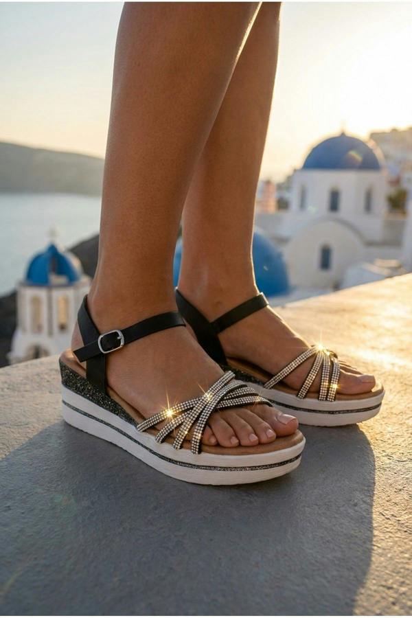 Vita Rhinestone Embellished Platform Wedge Sandals - Black