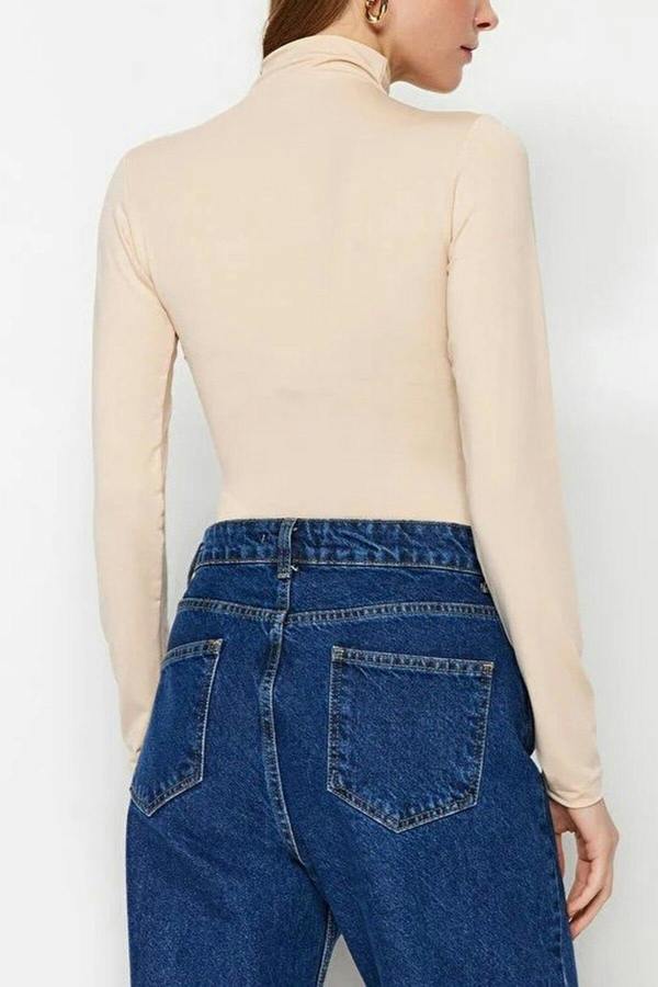 WOVCOR Stand Collar Knit Bodysuit with Gathered Detail