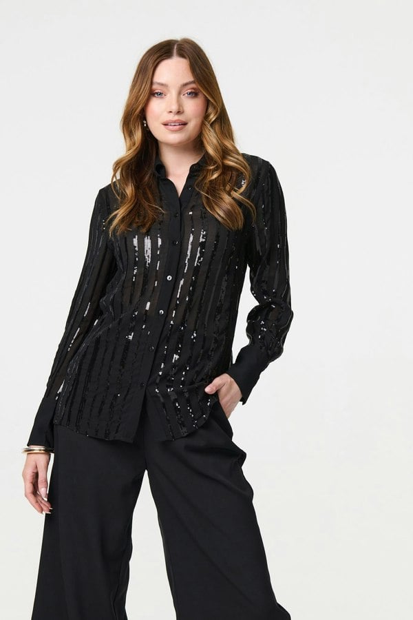 Black | Sequin Striped Sheer Long Sleeve Shirt : Model is 5'9"/175 cm and wears UK8/EU36/US4/AUS8
