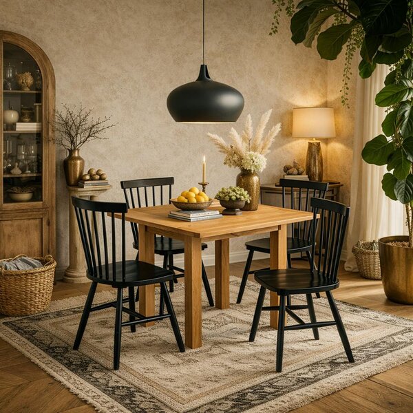 Wyld Haus Hobart Compact Dining Set Natural Oak Effect Extending Dining Table + 4 Dining Chairs in Black