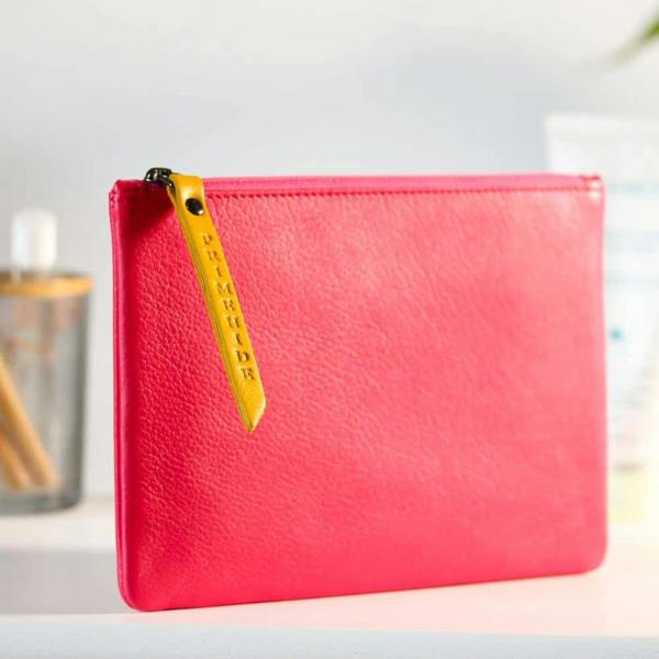 Slim soft pink leather makeup pouch – side profile