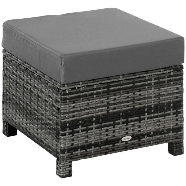 Grey wicker ottoman footstool with square padded seat cushion and low legs