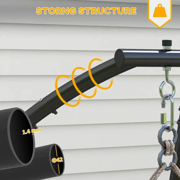 Black powder-coated steel support tube with hanging hook and chain attachments