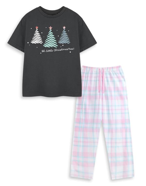 Show Me The Merch Unisex Kids Black Christmas Tree Short Sleeve Long Leg Pyjama Set