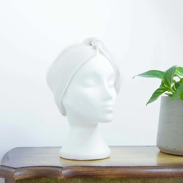 Ecru Waffle Cotton Hair Wrap styled in a bedroom 2 | Soak and Sleep