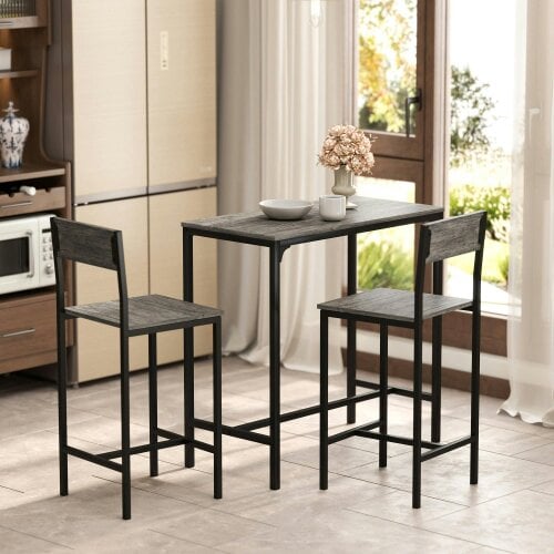 Wyld Haus Novero 3 Piece Industrial Breakfast Bar Set With 2 Stools And Footrest Support