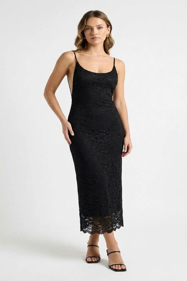Viviana Strappy Floral Lace Midi Dress - Black