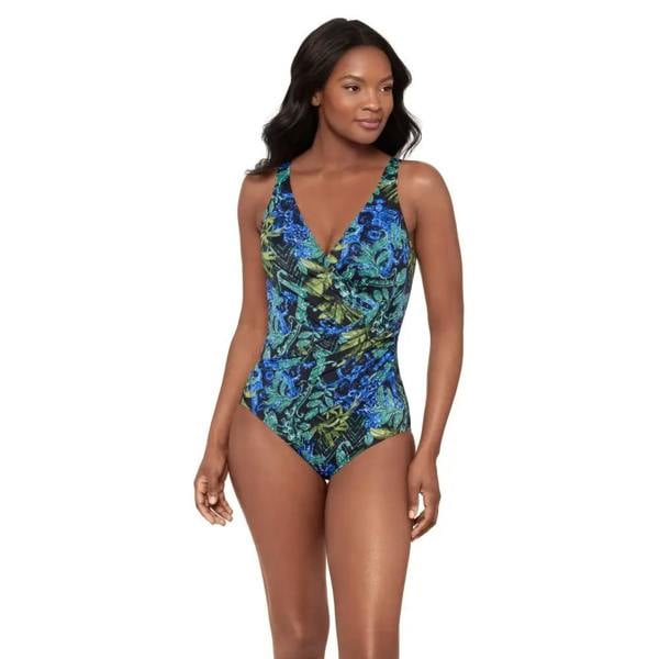 Miraclesuit Gasparilla Oceanus swimsuit in blue green floral with plunging neckline