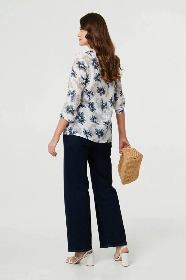 Blue | Floral Lace Trim 3/4 Sleeve Blouse