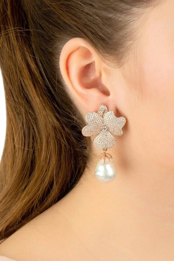 Latelita Baroque Pearl White Flower Drop Earrings Rosegold