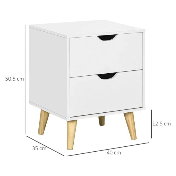 White bedside table with two drawers, pine legs, and overall size proportions