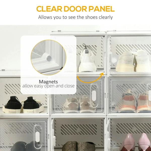 Clear front panel shoe storage box with magnetic door closure and visible contents.
