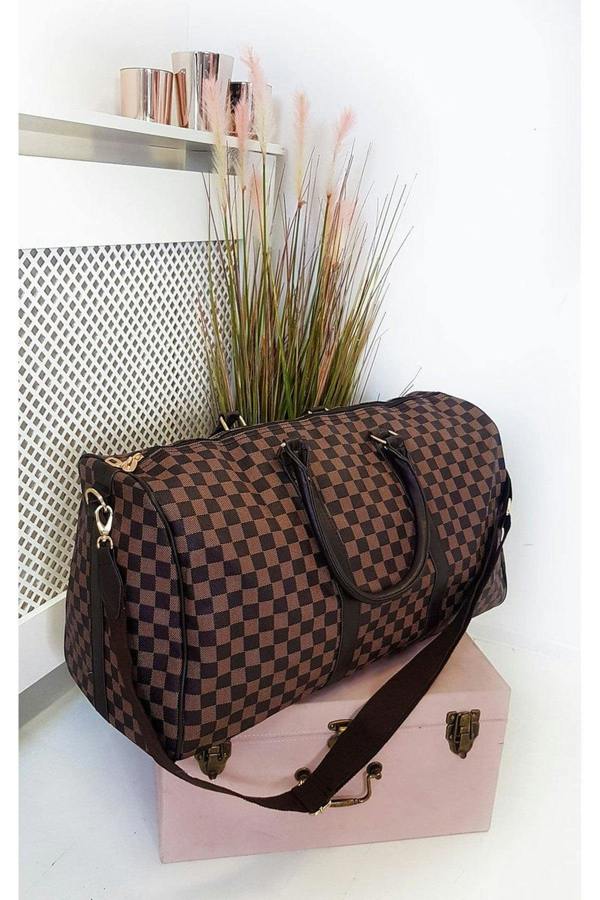 Indigo Checked Print Overnight Bag - Coffee