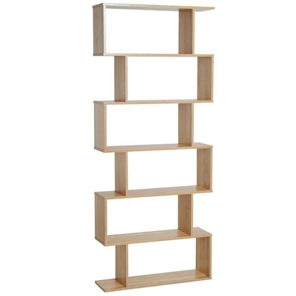 6-tier S-shaped oak bookshelf with open rectangular shelves and angled side frame