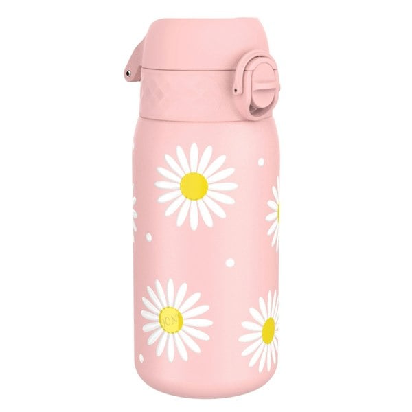 A pink water bottle, adorned with white daisies, sits on a white background. The bottle has a pink lid with a hinged closure.