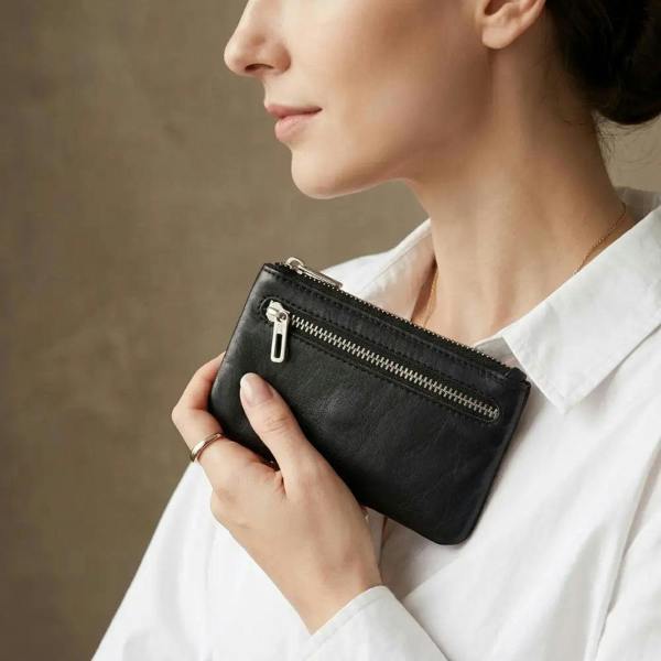  Real leather zip top coin purse for women in black