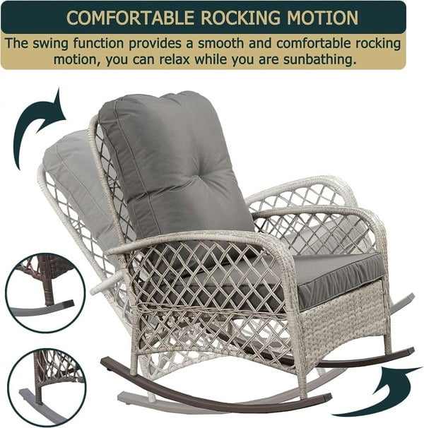 Furniture One Patio Rattan Rocking Chair, Wicker Rocking Armchair with Soft Cushion, All-Weather Steel Frame Relaxer Rocker Chair