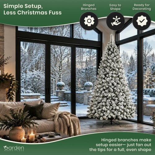 Flocked Woodcote Spruce Christmas Tree 2.4m – Snow Effect Tree with 1296 Tips, Hinged Branches & Metal Stand