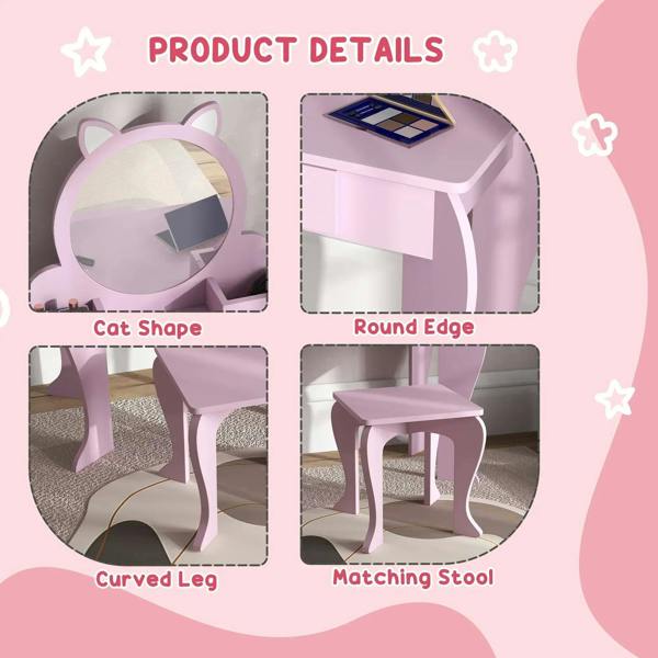 Pink kids vanity table with cat shape, curved legs, rounded edges, and matching stool