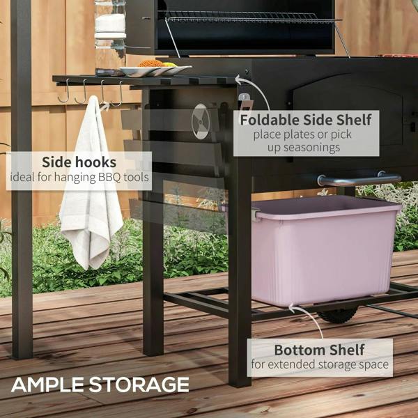 Black BBQ grill with foldable side shelf, side hooks, and bottom storage shelf